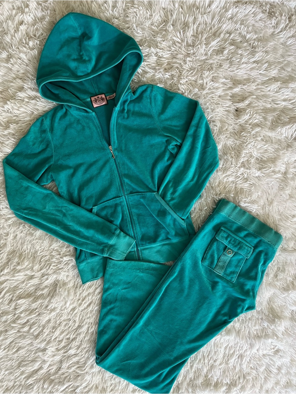 Vintage Y2K Juicy Couture Teal Velour Hooded Zip-Up & Pants Set